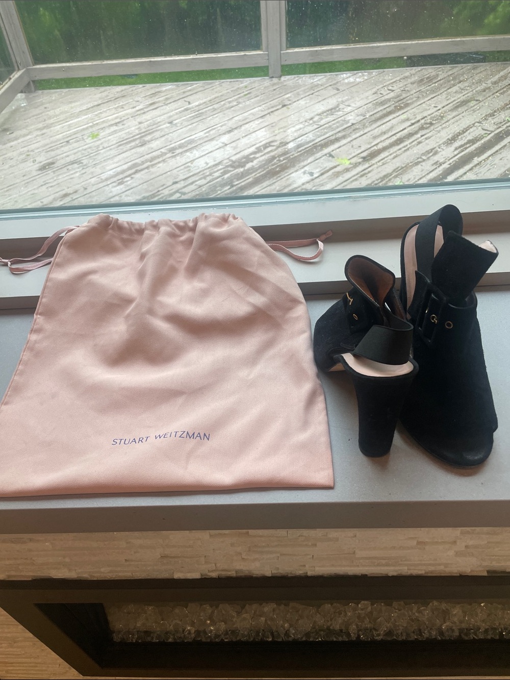 Stuart Weitzman Black Suede Ankle Strap Block Heels with Pink Dust Bag